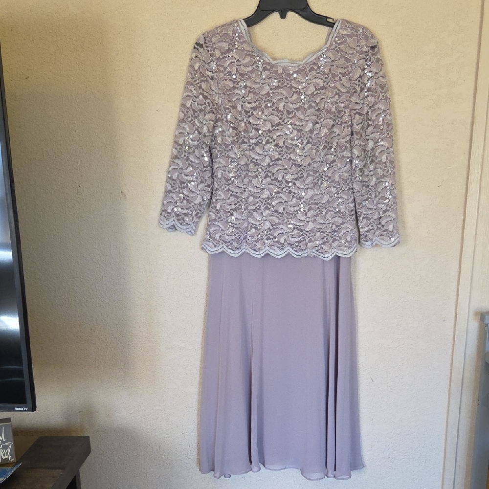 Elegant Lace Overlay Dress, Mother Of The Bride, Taupe Color Hint Of Purple